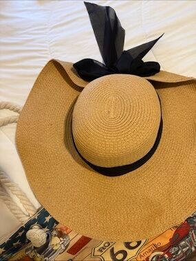west loop Tan Wide-Brim Straw Sun Hat with Black Bow CLASSIC, lovely